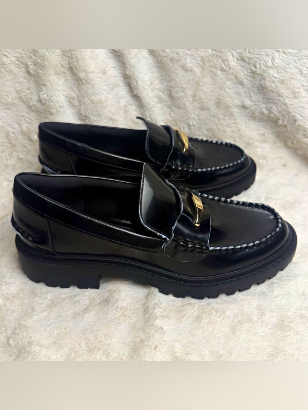 BCBG Black Patent Leather Laney Lug Penny Loafers with Gold Vamp Buckle Preppy - Picture 4 of 16